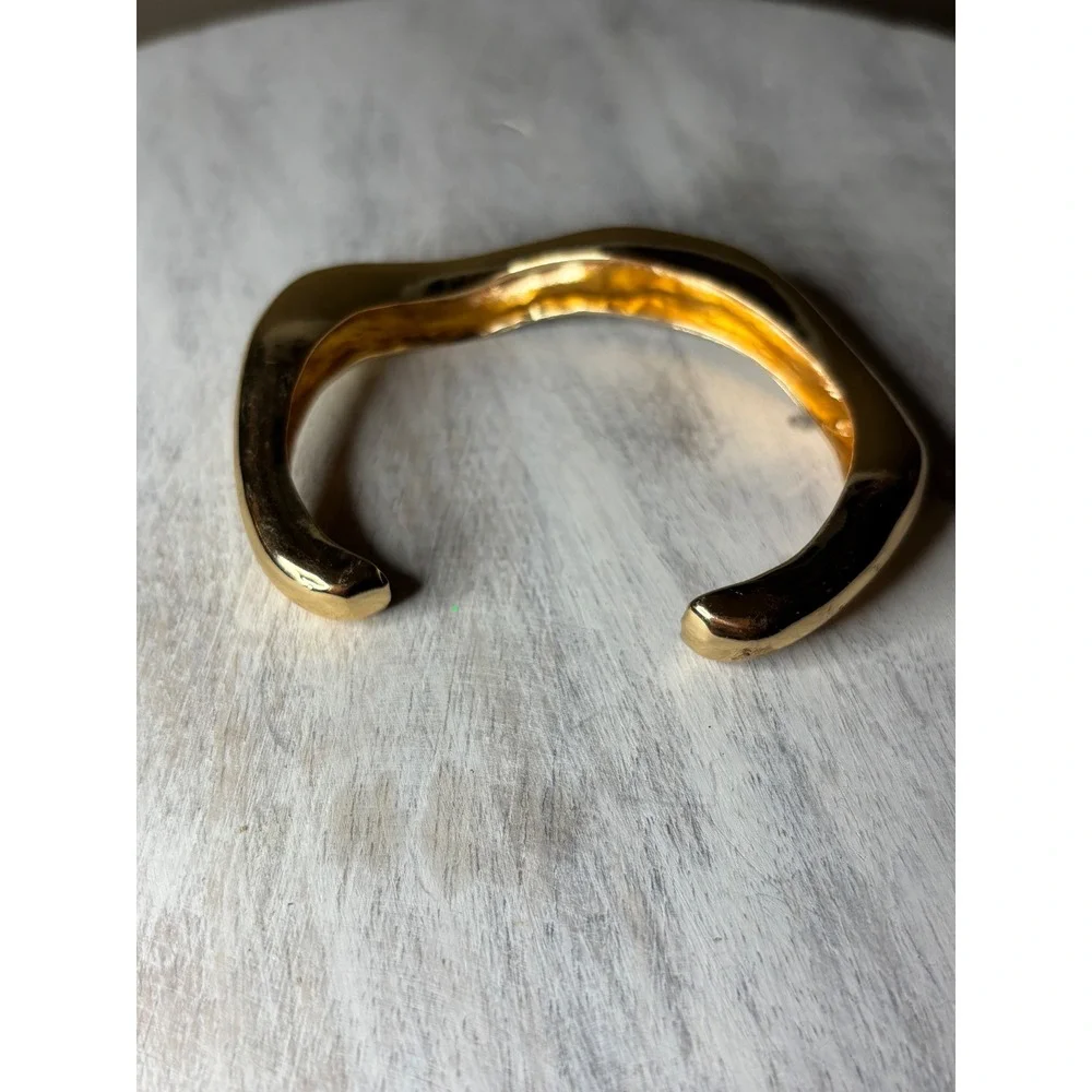Gold Tone Organic Wavy Cuff Bracelet Sculptural Statement Open Bangle